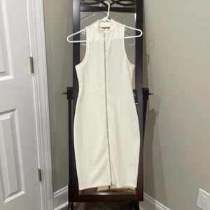 NWT- Express Knee Length White Bodycon Dress with Front Silver Zipper